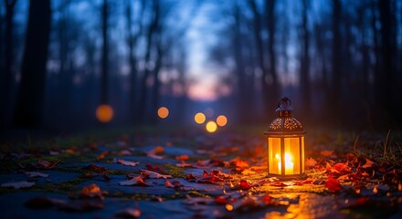 Enchanted forest path with glowing lantern and autumn leaves at dusk.