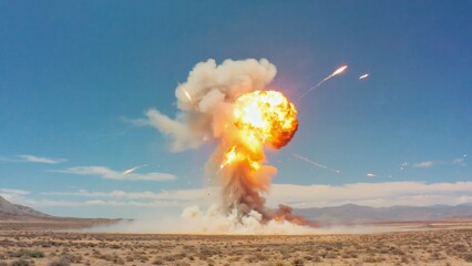 Massive fiery explosion in a desert landscape with a large mushroom cloud of smoke and flames rising into the sky, symbolizing destruction, warfare, danger, military testing, and high-impact force