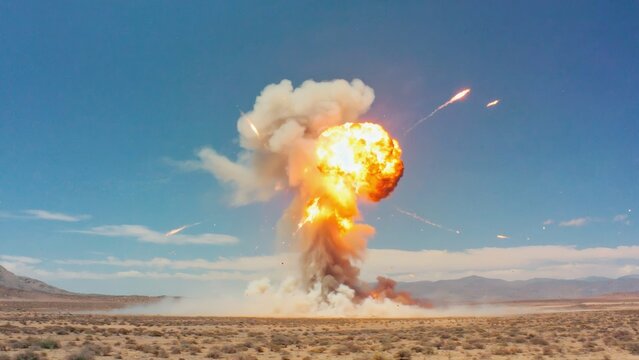 Massive fiery explosion in a desert landscape with a large mushroom cloud of smoke and flames rising into the sky, symbolizing destruction, warfare, danger, military testing, and high-impact force