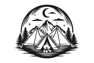 Camping with Tents, Campfire, Moon, and Trees on White Background