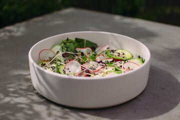 Fresh vegan healthy gourmet salad with zucchini and radish
