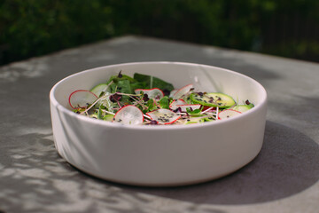 Bowl of fresh green salad with radish and microgreens