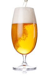 A glass of beer with a golden hue and frothy head, isolated on a clean white background