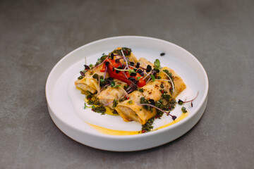 Savory crepes with pesto, red pepper and microgreens