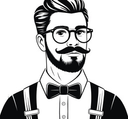Hipster man illustration, vintage style, beard and mustache, round glasses, bow tie, suspenders, black and white, retro fashion, stylish male portrait, artistic concept