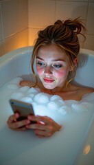Relaxing Woman Bathtub with Smartphone and Bubbles