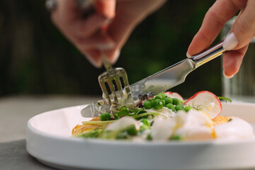 Female hands cutting fresh gourmet meal with cutlery