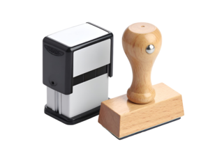 A collection of two distinct rubber stamps showcasing a modern design and a classic wooden handle style.