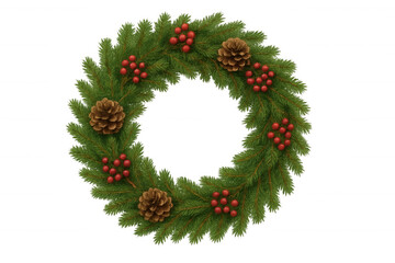 Christmas wreath decorating door or window, featuring green pine branches, red berries, and pine cones, transparent background