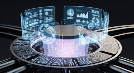 Futuristic Holographic Interface Displaying Data Analytics and Energy Management Systems with Advanced AI