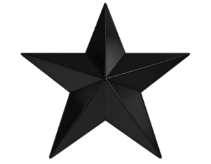 A striking black star shape with a three-dimensional design, showcasing sharp angles and facets in a dark setting.
