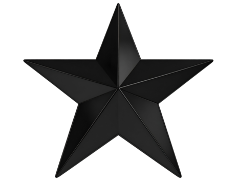 A striking black star shape with a three-dimensional design, showcasing sharp angles and facets in a dark setting.