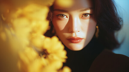 Closeup portrait of woman with yellow flowers