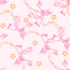 Seamless pattern with pink pearl string bow and pearl flower, hand drawn in watercolor.