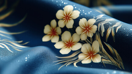 Yellow flowers on blue fabric closeup