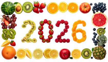 2026 Design Made from Fresh Fruits Healthy Food Art For New Year Concept Isolated on White Background