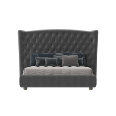 An elegant bed with a button-tufted headboard, adorned with cozy pillows. It evokes a sense of luxury and comfort, perfect for a peaceful retreat.