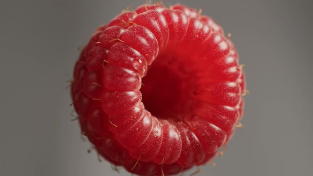 Close-up of a Single Ripe Raspberry - A detailed macro shot of a ripe raspberry, showcasing its juicy red texture and individual drupelets. The berry is isolated against a neutral grey background.