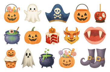 PNG Colorful Halloween cartoon icons, element set on transparent background