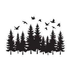 Tree Line With Flying Birds Silhouette