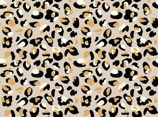 Leopard print. Vector seamless pattern. Animal jaguar skin background with black and brown spots on beige backdrop. Abstract exotic jungle texture. Repeat design for decor, fabric, textile, wallpapers