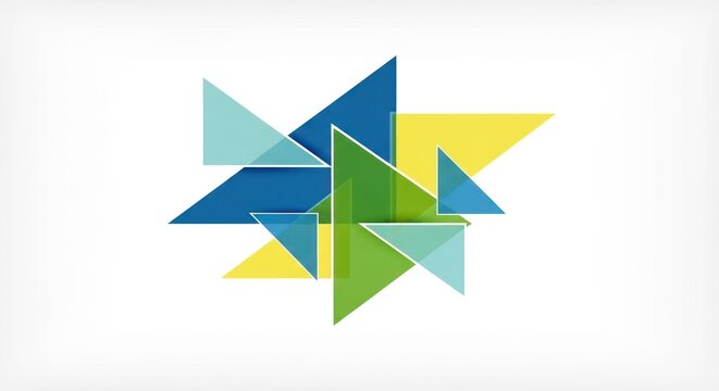 Abstract Geometric Triangles Composition with Overlapping Blue, Green, and Yellow Shapes on a White Background