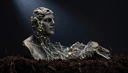 A classical bust emerges from the earth, entwined with glowing wires and organic growth, symbolizing the intersection of ancient art and modern technology.