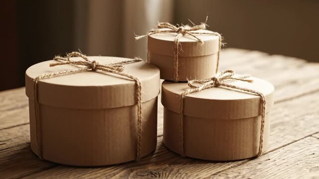 Rustic Cardboard Gift Boxes with Hemp Rope - Three round cardboard gift boxes of varying sizes are arranged on a rustic wooden table.