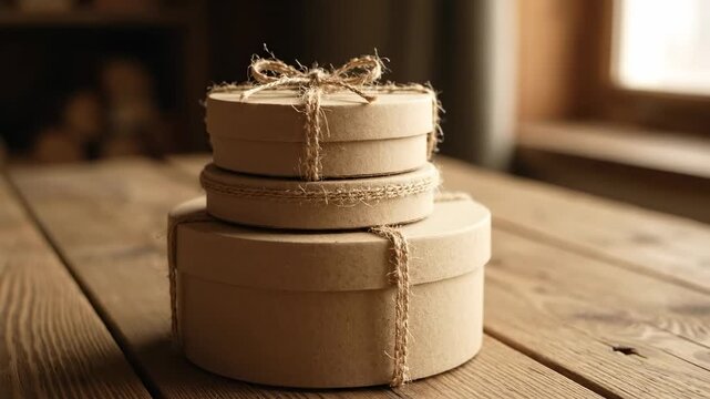 Stacked Round Cardboard Gift Boxes with Jute Twine - Three round cardboard gift boxes are stacked on a rustic wooden table.