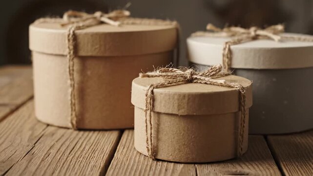 Rustic Cardboard Gift Boxes on Wooden Table - Three round cardboard gift boxes tied with jute twine are arranged on a rustic wooden table.