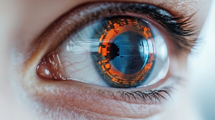 Smart contact lens displaying digital information, close-up of a human eye with subtle overlay, immersive data, integrated vision. 