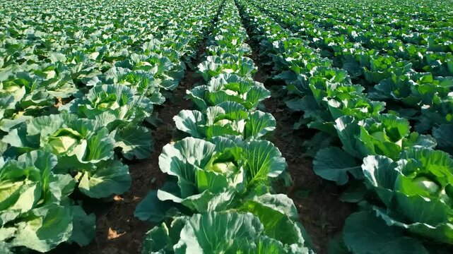 Aerial View of Rows of Cabbages Ready for Harvest - A high-angle, wide shot captures numerous rows of vibrant green cabbages growing in a field.