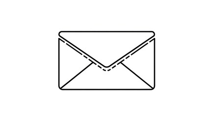 Minimalist Black Outline Icon of a Closed Mail Envelope with Dashed Flap Details on a Clean White Background, Representing Communication and Messaging