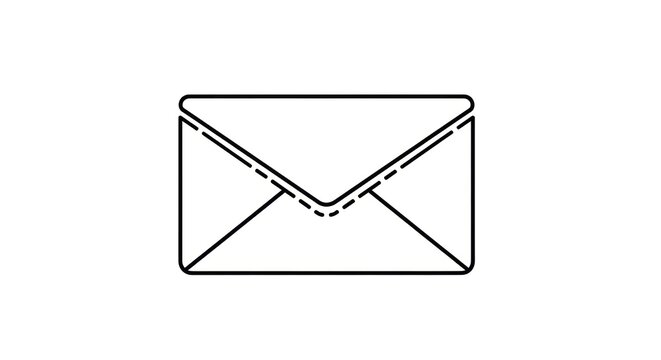 Minimalist Black Outline Icon of a Closed Mail Envelope with Dashed Flap Details on a Clean White Background, Representing Communication and Messaging