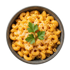 Creamy Macaroni and Cheese in a Bowl, Topped with Melted Cheese and Parsley, Set Against a Transparent Backdrop for Your Culinary and Design Projects