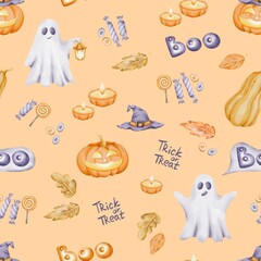 Seamless Halloween pattern with watercolor ghosts, pumpkins, witch hats, candies, candles, autumn leaves on light orange background. Perfect for fabric, textile, wrapping paper, wallpaper, decoration