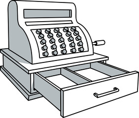 An outdated cash register with an empty drawer. A symbol of the transition from cash to digital payments and online shopping, where a physical cash register is no longer necessary.