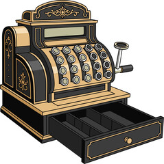 An outdated cash register with an empty drawer. A symbol of the transition from cash to digital payments and online shopping, where a physical cash register is no longer necessary.