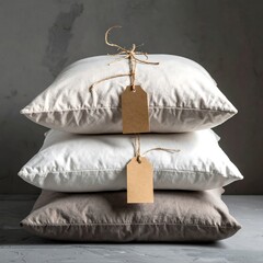 Stacked neutral pillows with tags