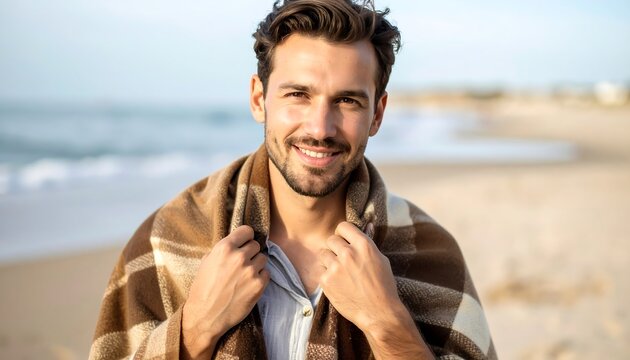 Man wrapped in blanket on beach