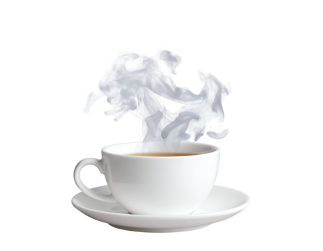 A steaming cup of hot beverage sits elegantly on a saucer, surrounded by wisps of aromatic steam rising gracefully.