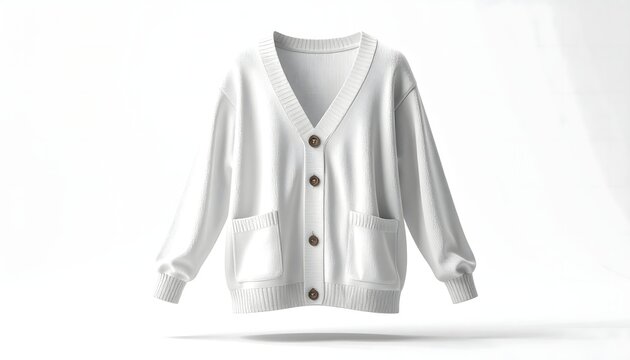 White Knit Cardigan Sweater Floating on White Background - Fashion Mockup
