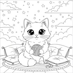 Cute cat coloring page. Adorable cartoon kitten illustration. A fluffy kitten sitting and holding a ball of yarn on a rug surrounded by pillows under a starry sky.