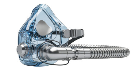 Transparent blue futuristic breathing mask with metal hose isolated on transparent background