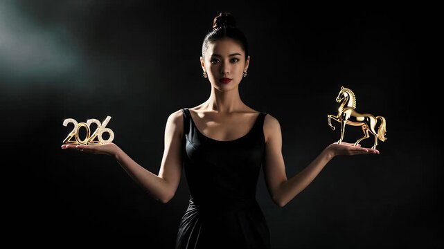 Elegant Woman Holding Golden 2026 and Horse Sculpture