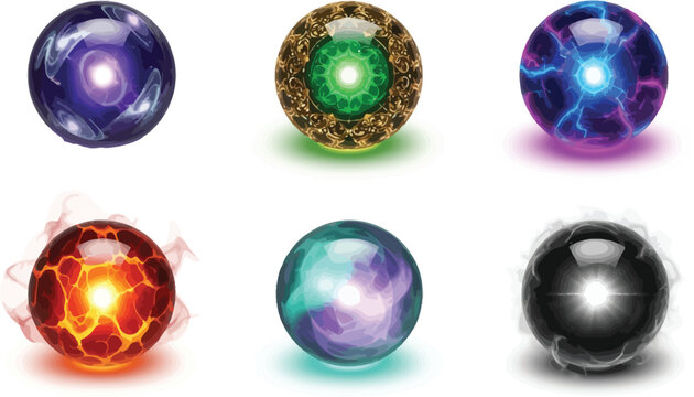 Collection of magical orbs with different elemental powers, perfect for fantasy or scifi themes