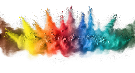 Rainbow explosion of colored powder against black Holi isolated on a transparent background