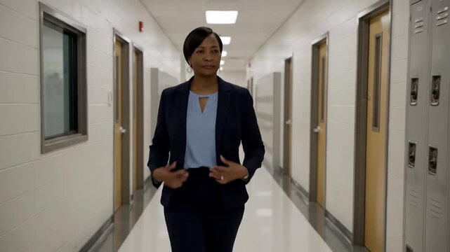 School Principal Walking School Corridor - A school principal in a business suit walks down a bright, clean school hallway during the school day. The hallway features closed doors and lockers.