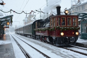 Obraz premium A decorated train is standing at the station in the snow.