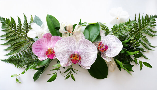 Tropical Orchids Complemented By Fern Philodendron And Ruscus Leaves Arranged In A Garland On A White Backdrop With A Clipped Outline